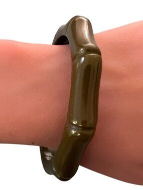 Vintage Bakelite Bamboo Bangle, Olive Green Carved Bracelet